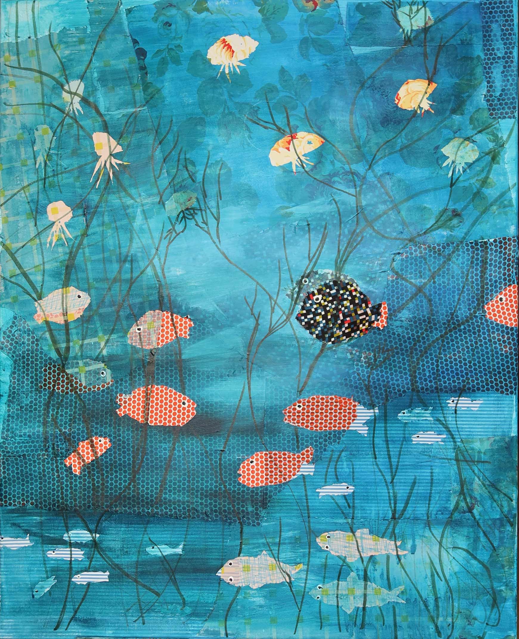 Viele Fische und einige Quallen (blaugrün, orange, schwarz, bunt)
