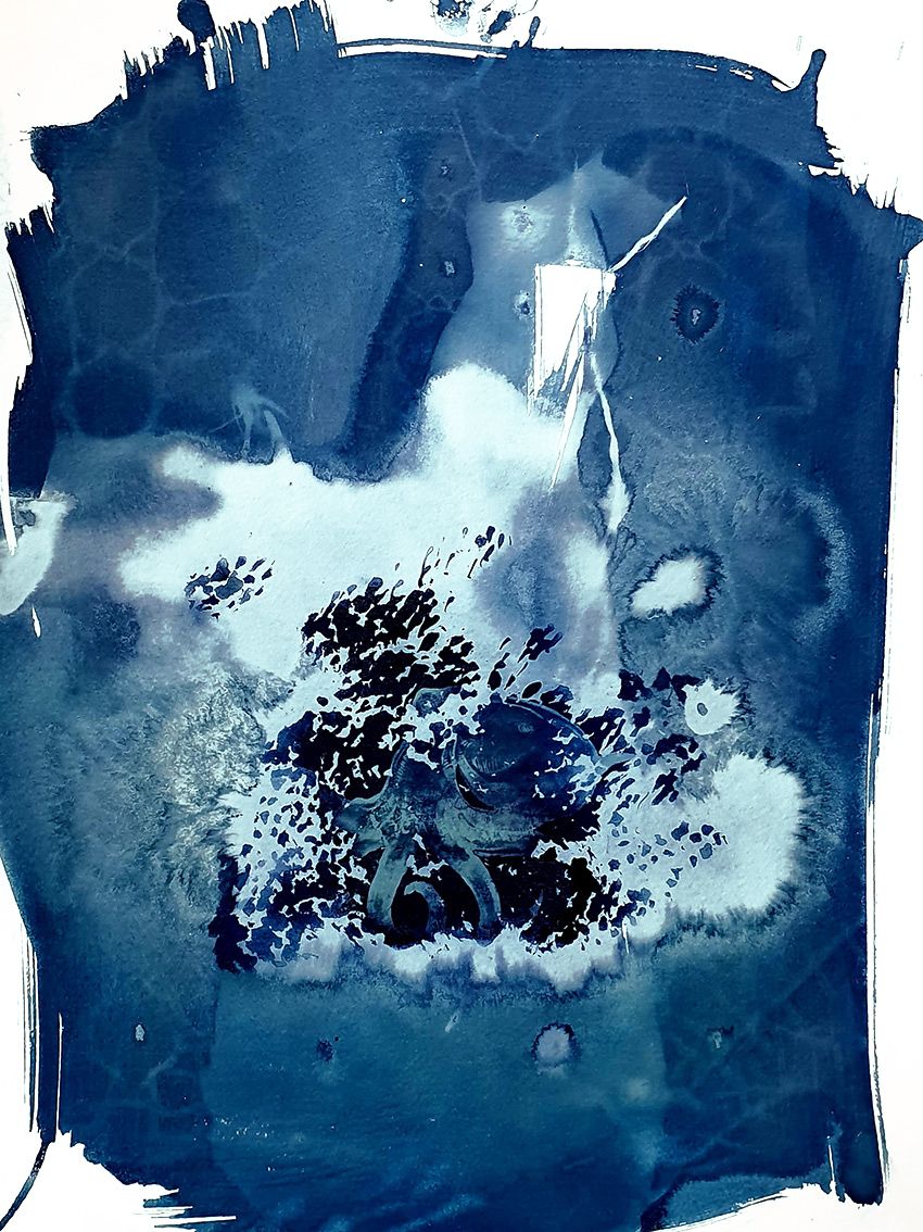 Abbildung Oktopus in seiner Höhle (Farbe indigoblau / weiß)