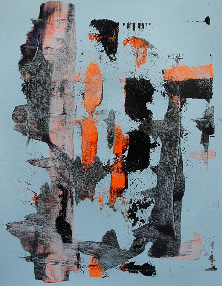 Abstraktes Bild, 30x40 cm, Graublau, Schwarz, Orange