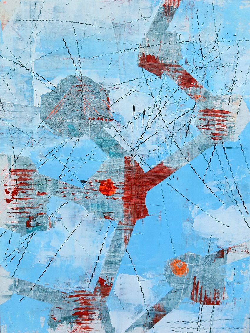 Abstraktes Bild, 30 x 40 cm, Cyan, Schwarz, Orange