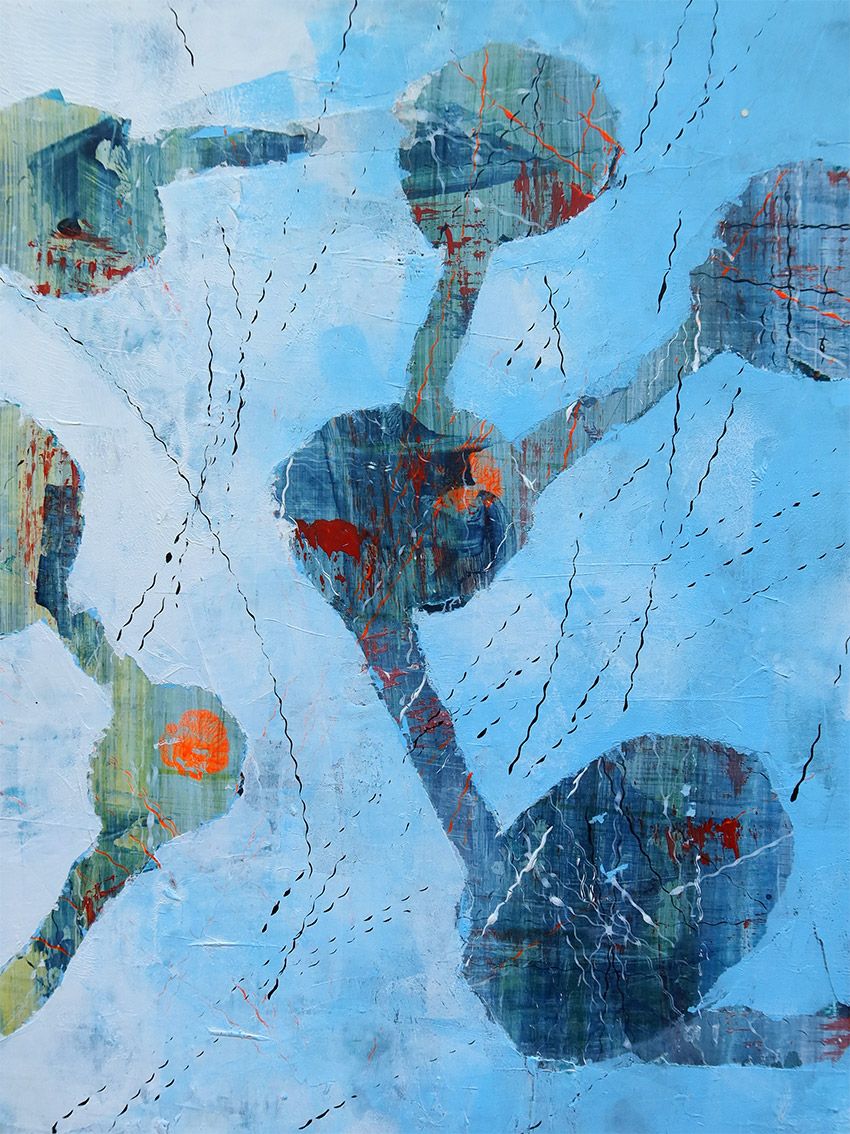 Abstraktes Bild, 30 x 40 cm, Cyan, Schwarz, Orange, Dunkelbalu