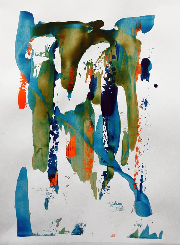 Abstraktes Motiv (Farben oliv, schwarz, orange, blau)