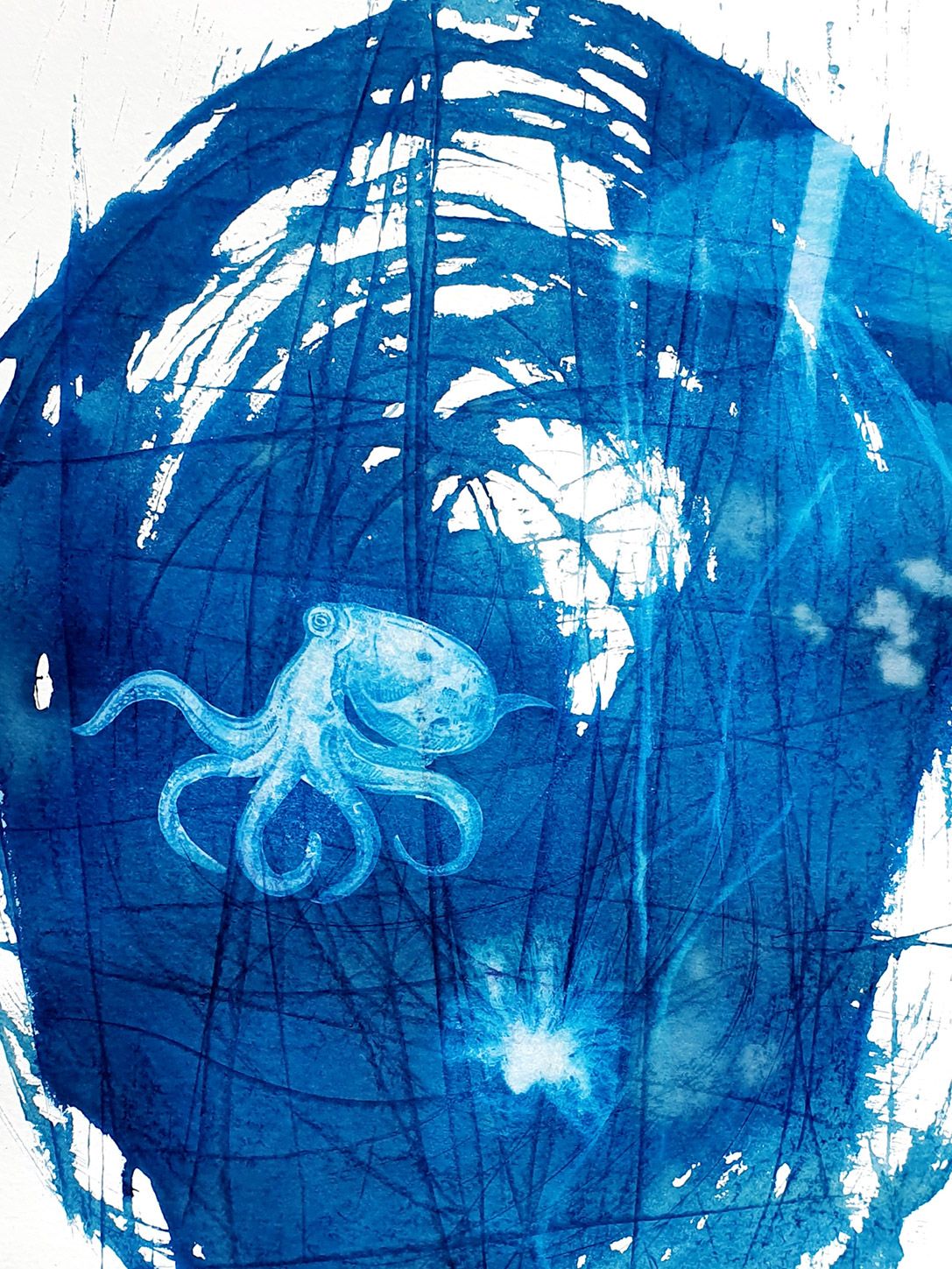 Abbildung Oktopus in seiner Höhle (Farbe indigoblau / weiß)