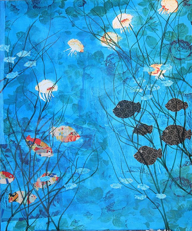 Viele Fische und einige Quallen (cyan, schwarz, bunt)