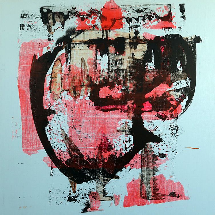 Abstraktes Bild, quadtratisch, Graublau, Schwarz, Pink