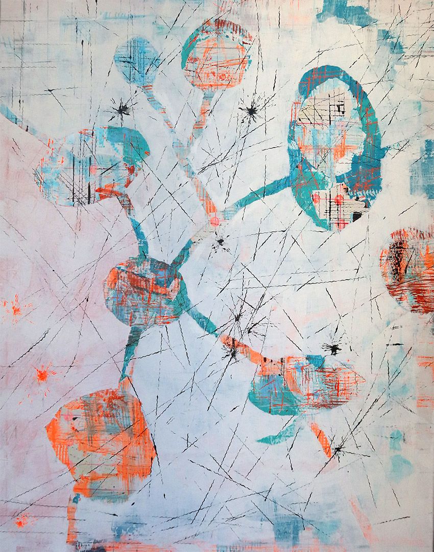 Abstraktes Bild, 30 x 40 cm, Cyan, Schwarz, Orange, Petrol